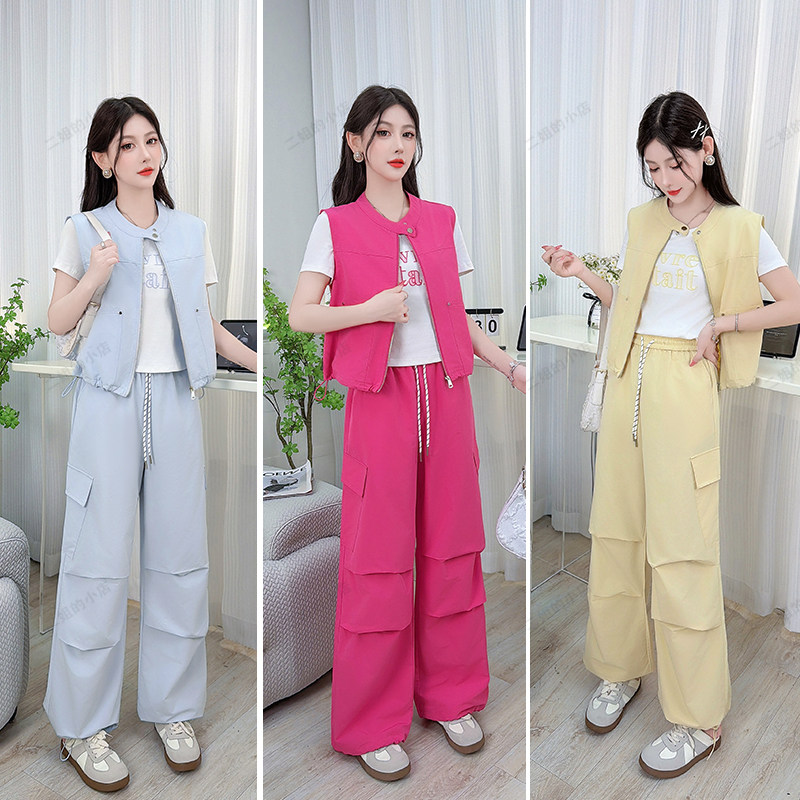 春夏工装风马甲三件套女阔腿裤子