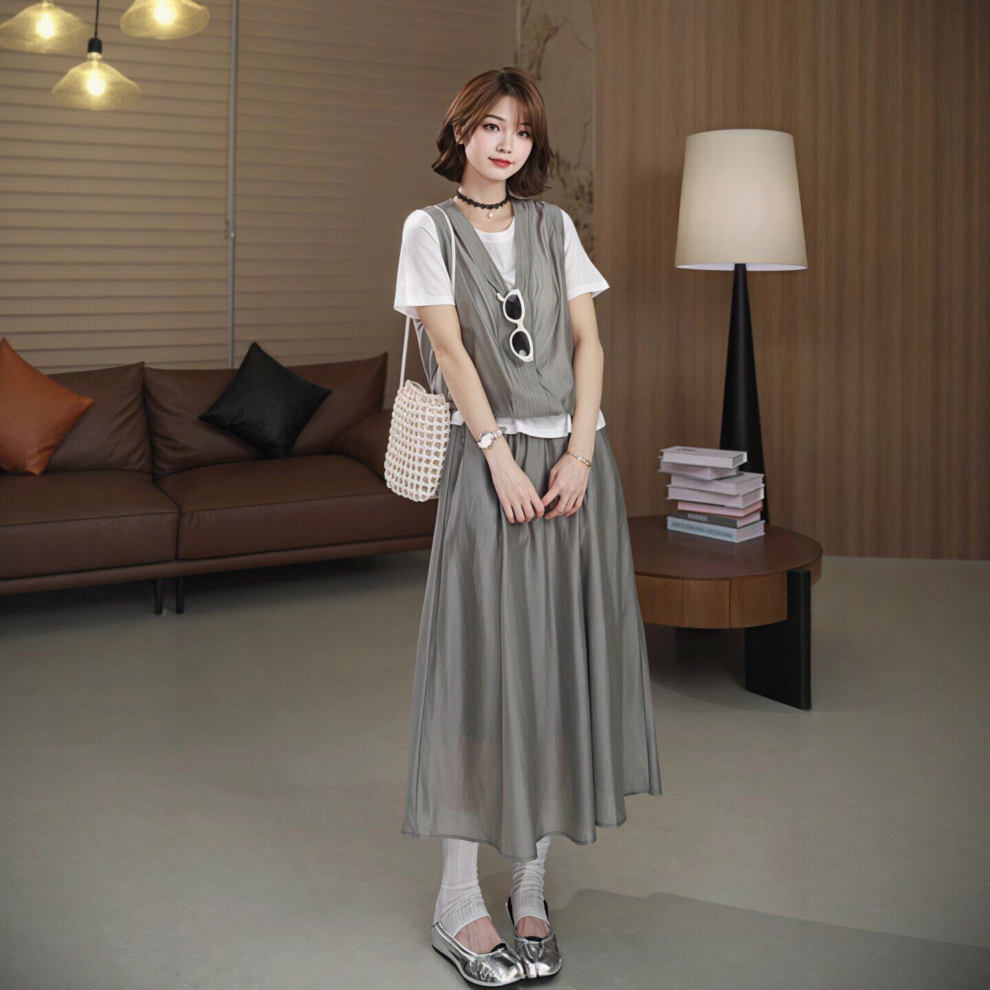 灰色假两件套装裙女2026夏季新款通勤显瘦气质小个子两件套半身裙