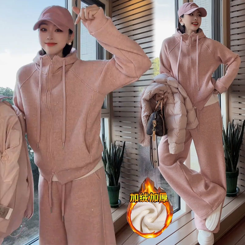 粉色加绒加厚连帽阔腿女两件套潮
