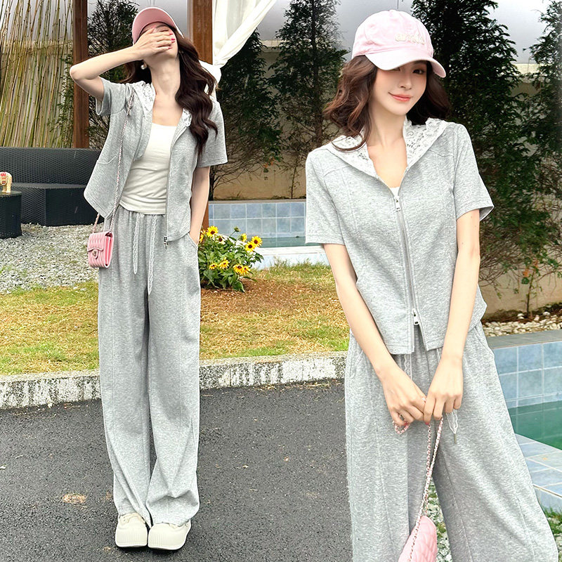 休闲运动套装女2026夏季新款短袖连帽拉链卫衣阔腿裤两件套小个子