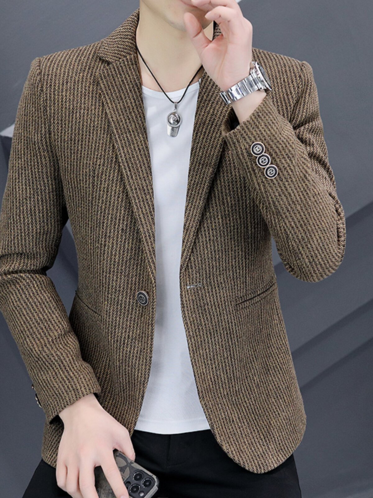 潮牌韩版潮流修身灯芯绒小西装男高级感帅气单西休闲西服外套上衣