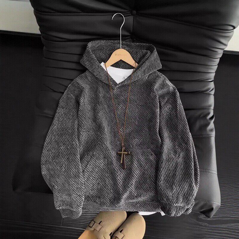 潮牌美式重磅连帽卫衣男士冬季宽松斜条纹帽衫舒适雪尼尔简约上衣