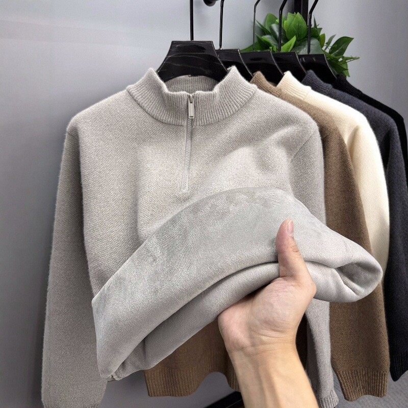 潮牌高级感半高领拉链毛衣男士冬季加绒加厚保暖宽松雪尼尔打底衫