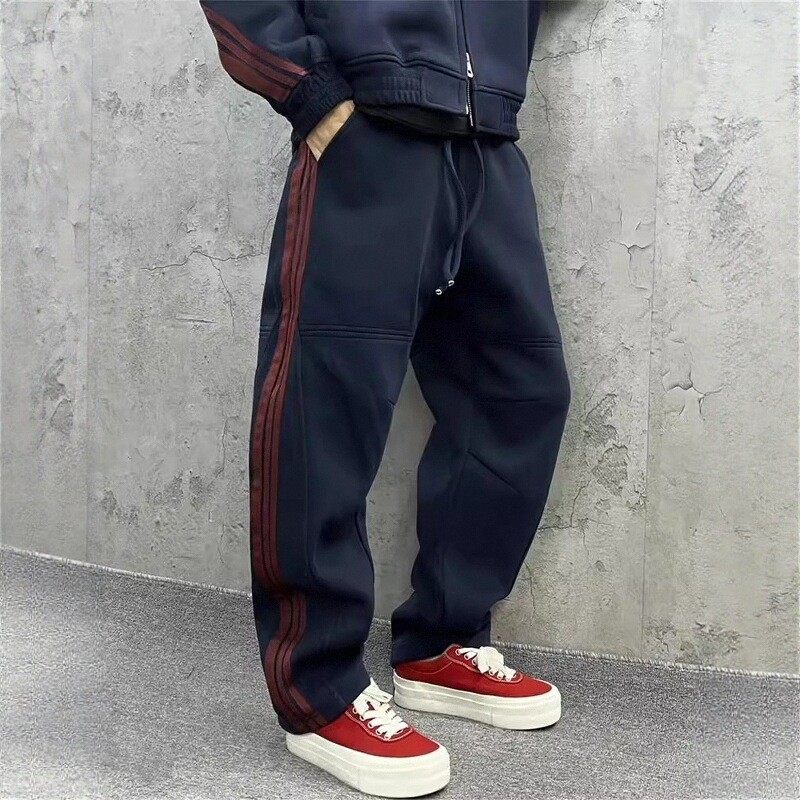时尚慵懒风撞色休闲卫裤男冬季加绒加厚重磅运动裤宽松百搭弯刀裤