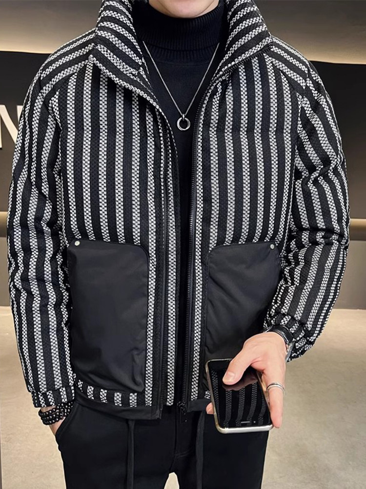 潮牌冬季新款韩版短款条纹加厚羽绒服男潮流宽松立领帅气休闲外套