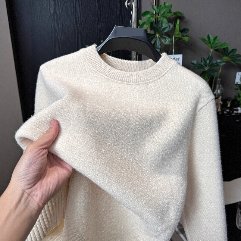 时尚高级感圆领毛衣男冬季加绒加厚保暖弹力打底衫简约纯色针织衫