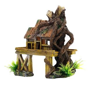 鱼缸造江景躲避树洞房子水装饰品茅草屋脂浸水楼台工艺品创树意古