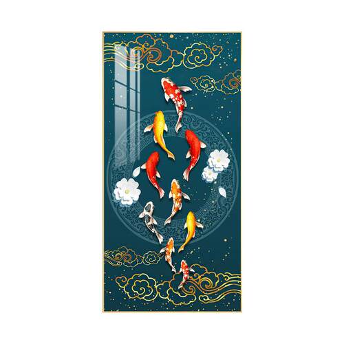 新中式鱼图玄关装饰画现代轻奢走廊过道竖版挂画大气寓意好壁画
