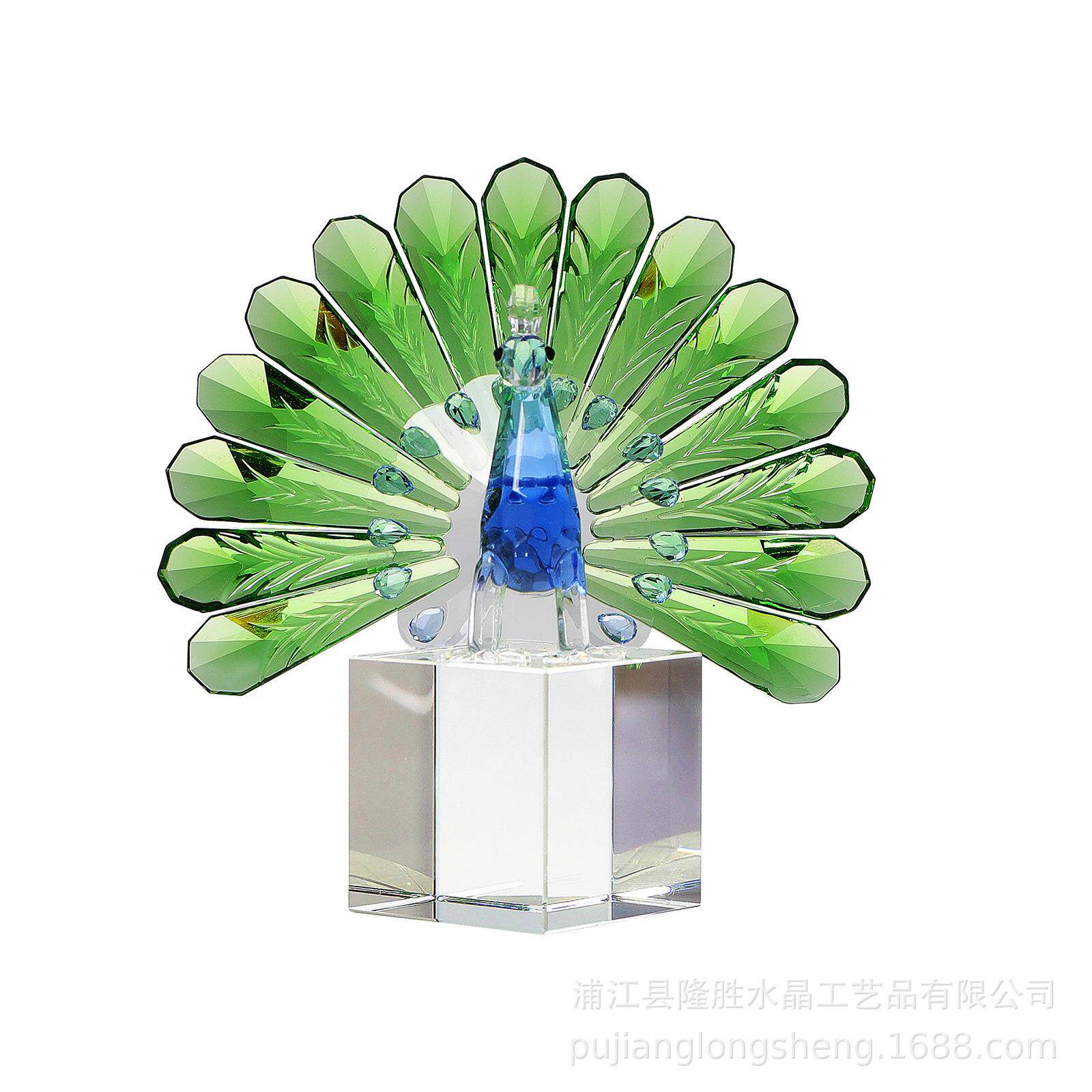 简约中式客厅软装桌面水晶摆件卡通动物绿色孔雀开屏花槽方体底座