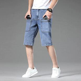 夏季薄款男式牛仔裤修身浅蓝七分中裤男士六口袋弹力青年牛仔中裤
