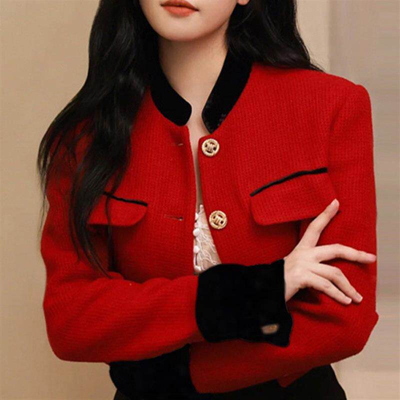 名媛小香风外套高端粗花呢短款夹克2026春款女装春秋红色上衣