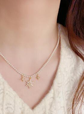 微镶锆石八芒星吊坠珍珠项链小众气质时尚温柔百搭设计感锁骨链女