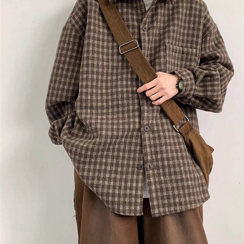 格子衬衫男长袖春秋季vintage美式复古休闲宽松百搭翻领衬衣外套