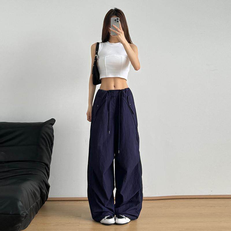 美式抽绳高腰束脚降落伞裤女夏季薄款褶皱防晒速干冲锋阔腿工装裤