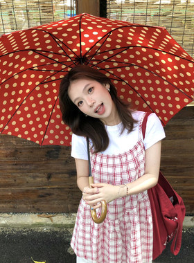 红色波点雨伞复古高颜值少女心拍照出片道具长柄晴雨两用2026新款