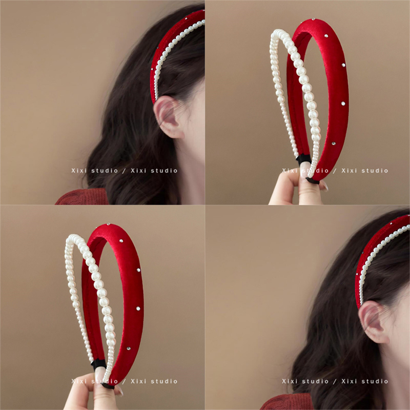 微醺的夜！珍珠丝绒发箍！新年红色头箍复古双层压发旅行发卡头饰