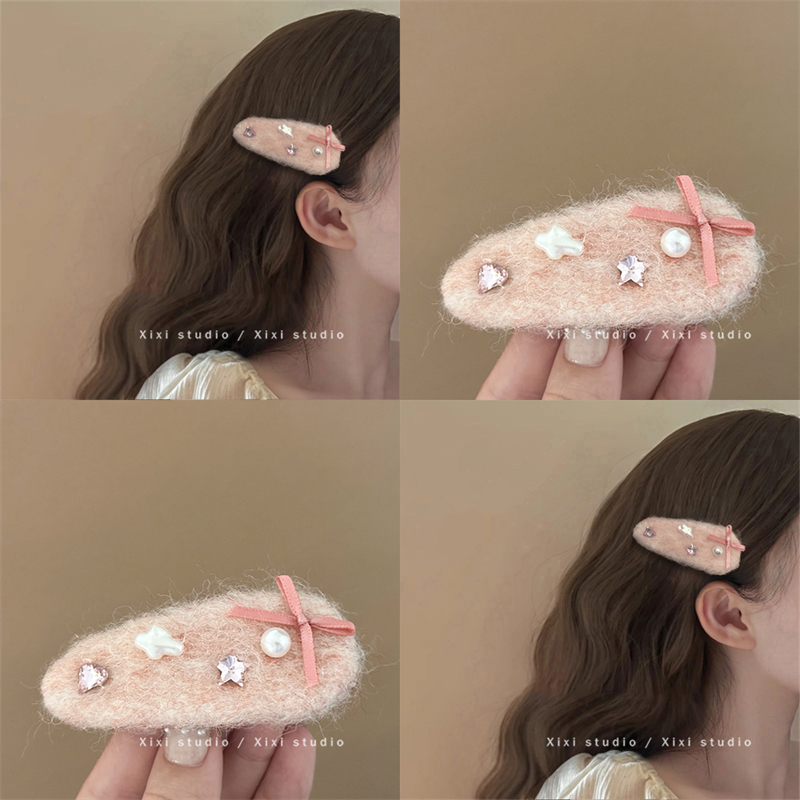 果冻分你一半！水钻蝴蝶结毛绒发夹！甜美侧边夹前额碎发夹盘发器