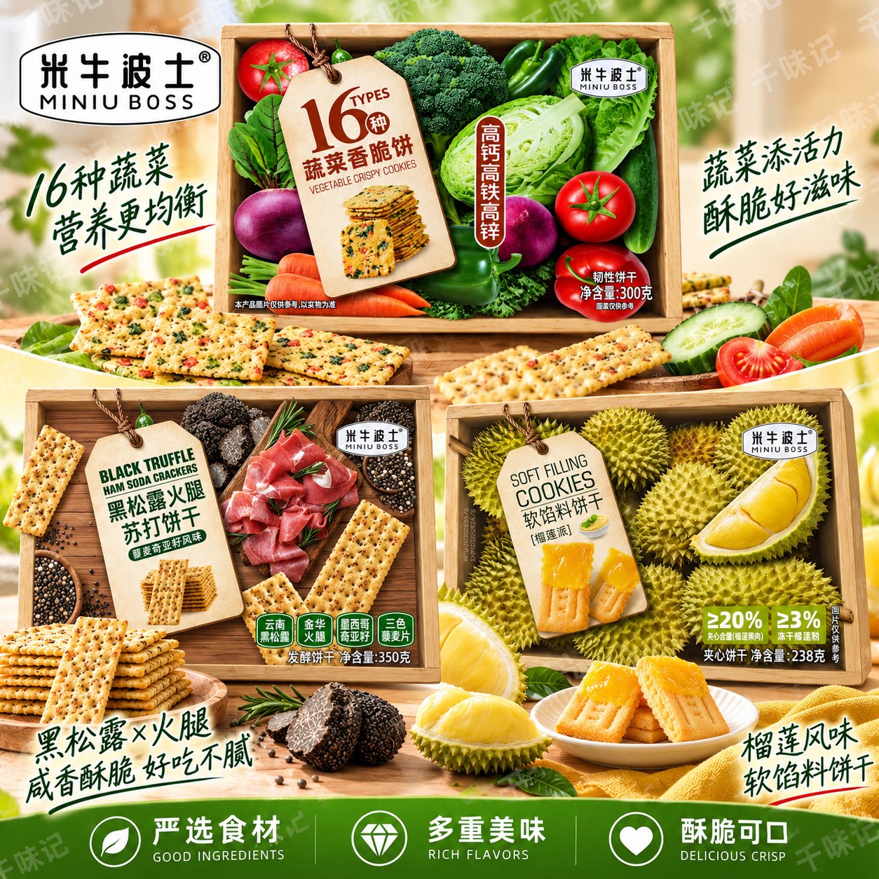 米牛波士蔬菜香脆饼黑松露火腿苏打饼干软馅料饼干榴莲派350g