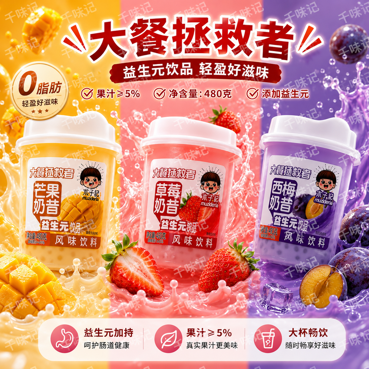 木子的茶益生元奶昔480g风味饮料芒果草莓西梅味添加果肉果冻