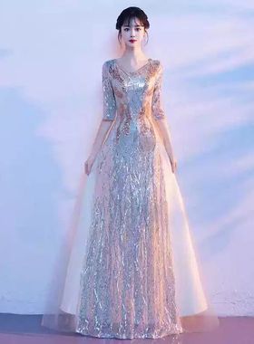 高档晚礼服女宴会气质高级感高端小众轻奢黑色亮片指挥晚宴主持人