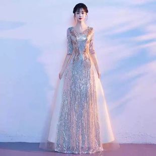 高档晚礼服女宴会气质高级感高端小众轻奢黑色亮片指挥晚宴主持人