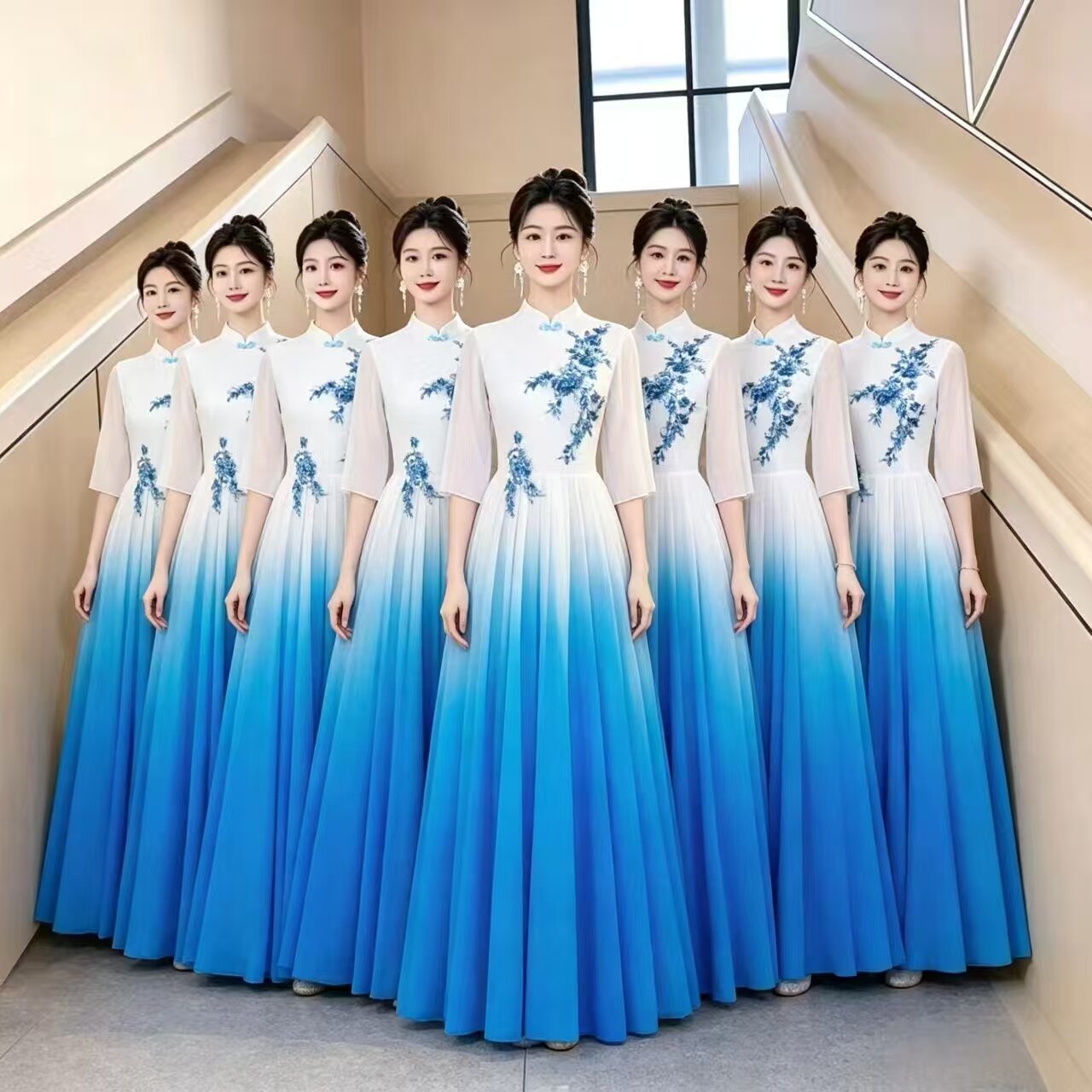 大合唱团演出服女长裙成人古筝演奏琵琶二胡表演服中国风艺考礼服