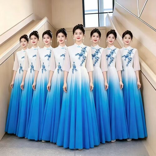大合唱团演出服女长裙成人古筝演奏琵琶二胡表演服中国风艺考礼服