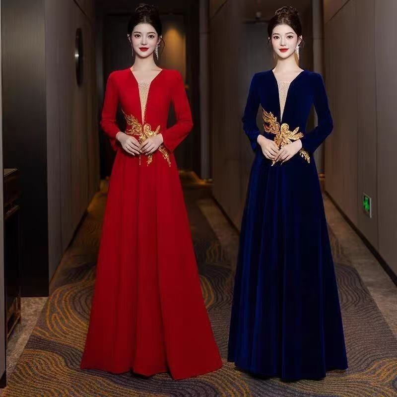 大合唱团演出服女长裙2026新款主持人礼服正式场合红色司仪晚礼服