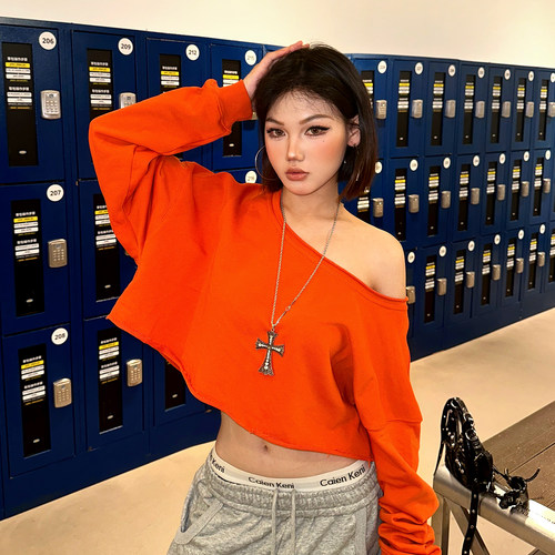 YZ98美式斜肩短款辣妹卫衣