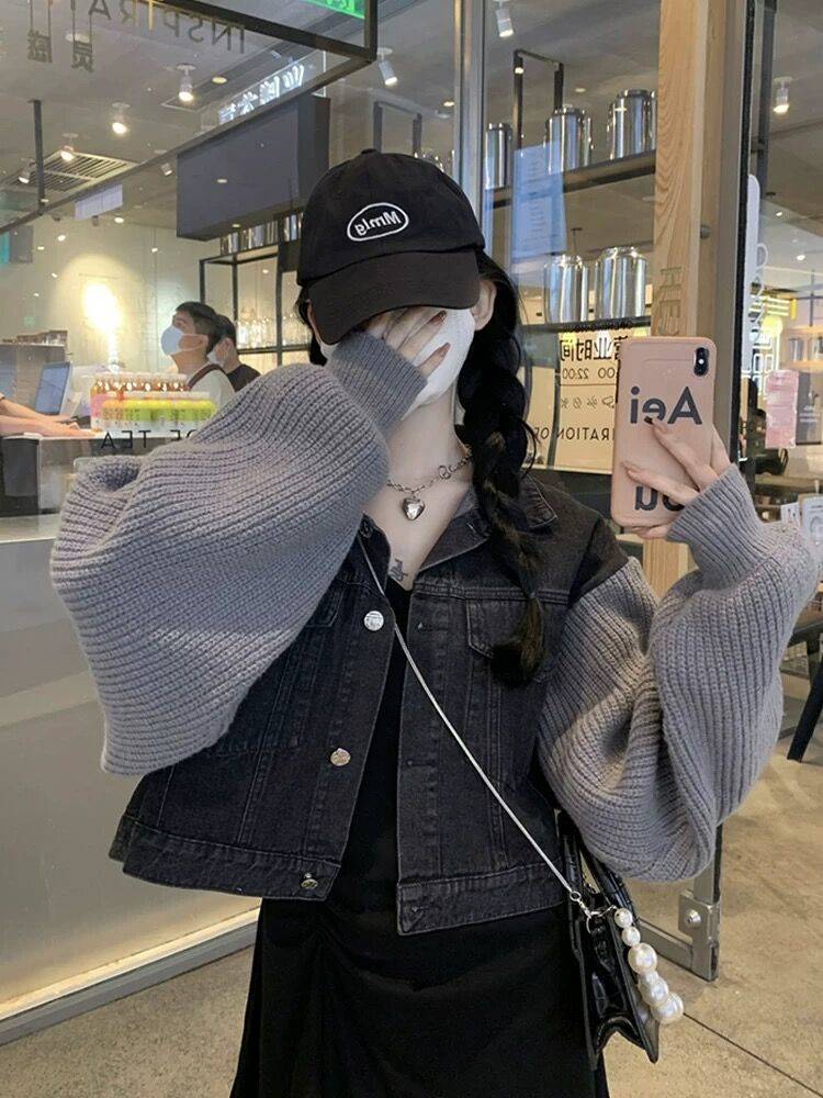 设计感针织毛衣拼接长袖牛仔外套女新款韩版百搭短款宽松上衣女装