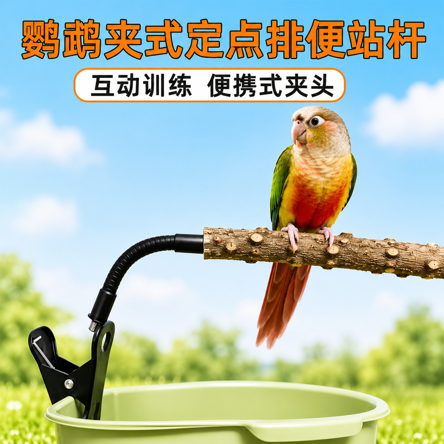鹦鹉花椒木站杆站架垃圾桶定点排便拉屎夹子车载拉粑粑专用多功能图片