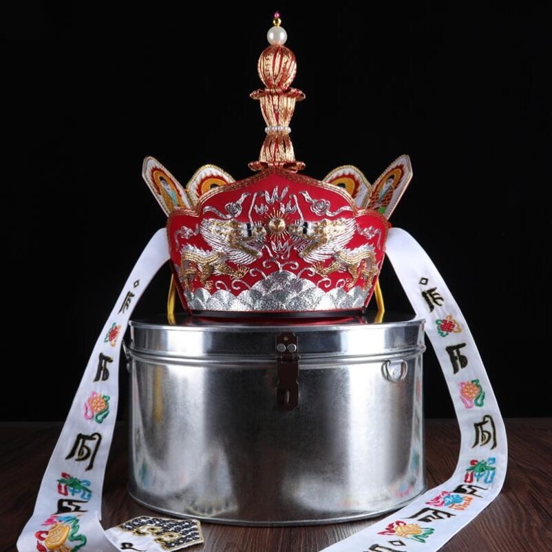 尚远毗卢帽法师帽五佛冠法会用品僧帽传统手工刺绣带铁皮桶