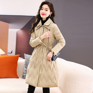 羽绒服女冬季2022年新款韩版气质收腰中长款复古系带轻薄女款外套