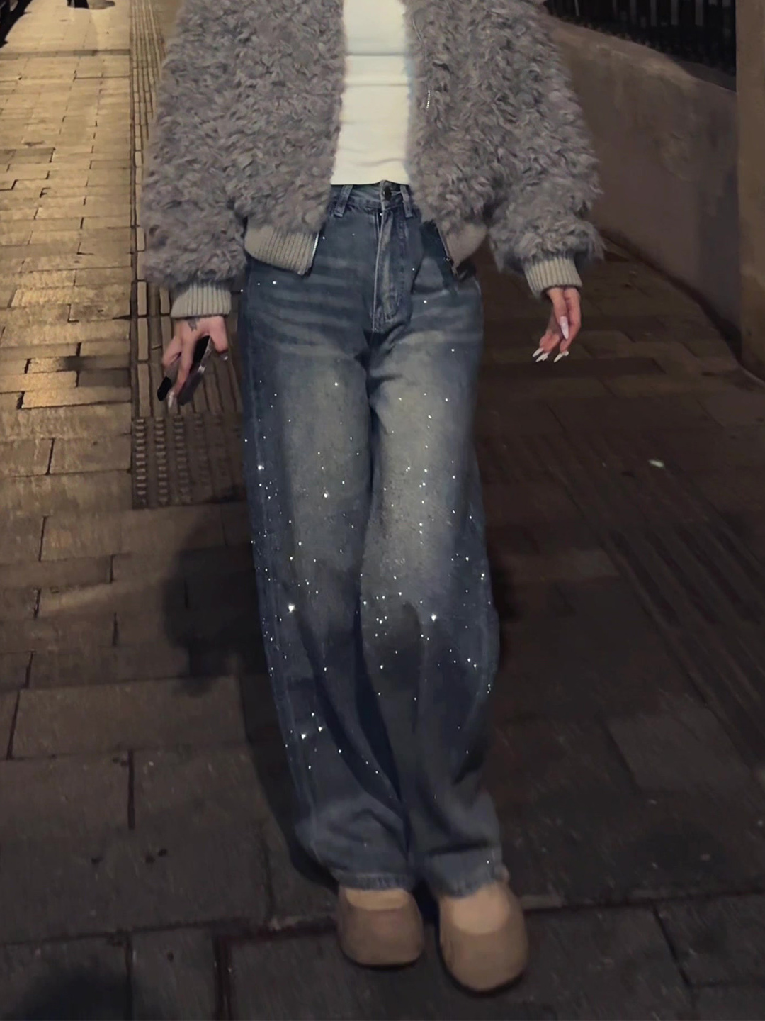 满天星烫钻阔腿牛仔裤女2025年冬季新款加绒显瘦高级感直筒拖地裤