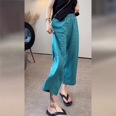 蓝色亚麻阔腿裤子女2025新款夏季薄款小个子直筒九分裤休闲阔腿裤