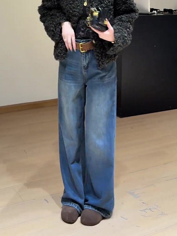 覆古蓝色加绒直筒牛仔裤女秋冬2025新款高腰显瘦宽松拖地阔腿长裤