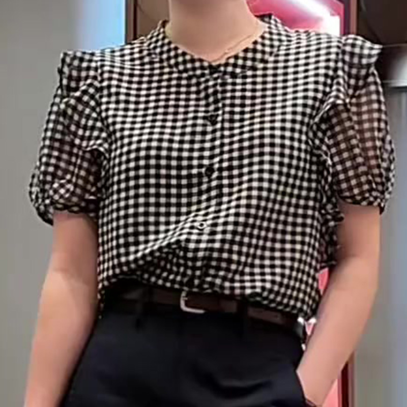 简约时尚宽松格子短袖女2025年夏季新款胖mm显瘦衬衫女设计感上衣