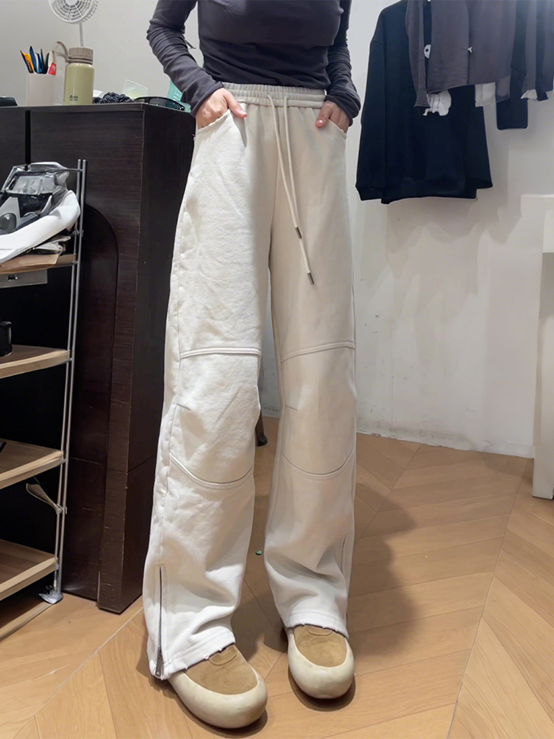 慵懒风加绒抽绳阔腿裤女冬新款2025爆款宽松显瘦松紧腰直筒休闲裤,女装/女士精品,大码裤装,淘宝优惠券,粉丝福利购,淘宝优惠卷