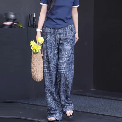 覆古印花莱赛尔天丝裤女2025夏季新款垂感慵懒大尺码胖mm宽松阔腿