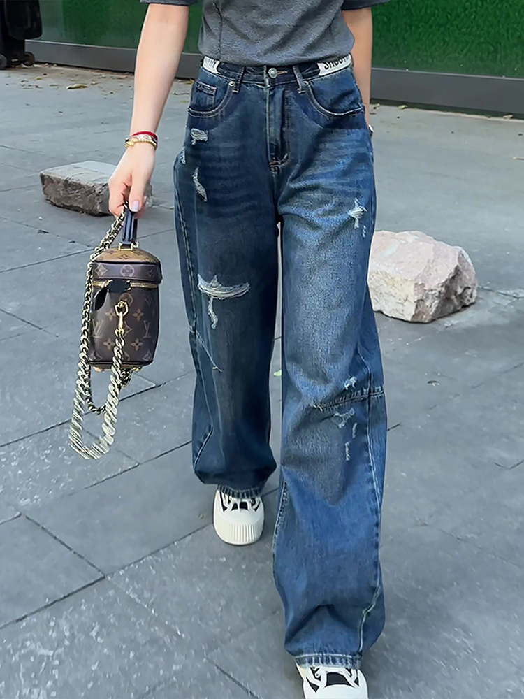蓝色破洞牛仔阔腿裤女2025年秋季新款高腰大码胖mm显瘦宽松直筒裤