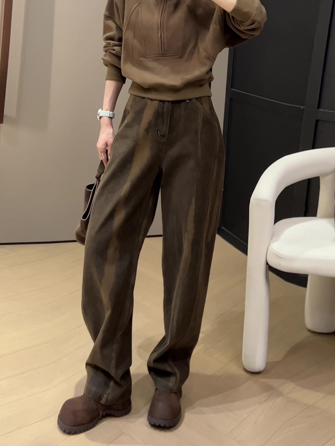 咖色加绒牛仔裤女2025冬季新款小个子高腰显瘦加厚百搭直筒长裤子