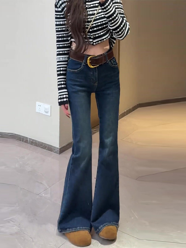 蓝色高腰加绒微喇牛仔裤女2025年秋冬新款修身显瘦不贴腿喇叭长裤