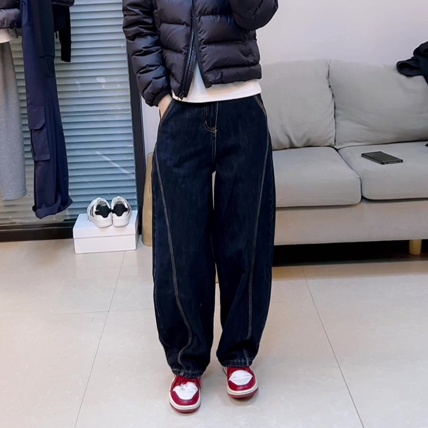 加厚绒弯刀阔腿牛仔裤女冬季2025新款大码胖mm宽松显瘦镰刀香蕉裤