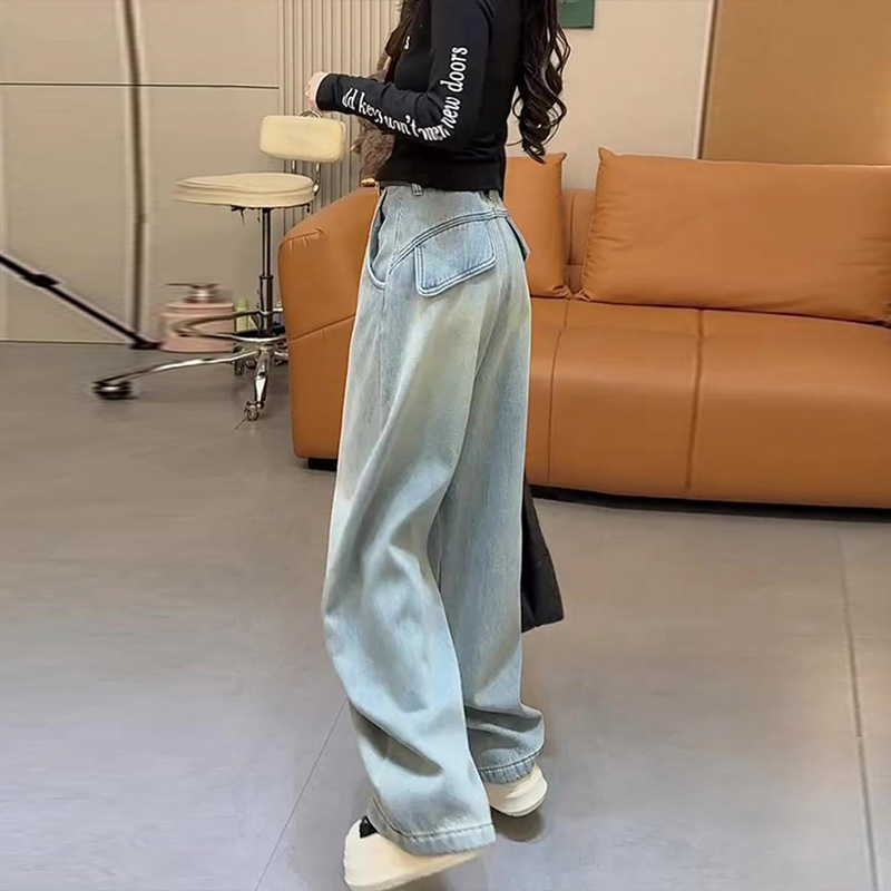 美式高腰弯刀牛仔加绒裤子女冬季2025新款垂感显瘦宽松直筒阔腿裤