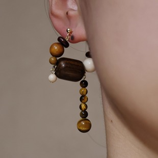 国风手工制檀木复古虎眼石秋冬咖啡色耳钉 新中式 LAN独立设计