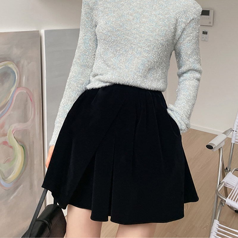 花铭秋冬女士半身裙短裙高腰a字蓬蓬黑色显瘦丝绒松紧腰口袋裙裤