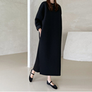 花铭太空棉连衣裙长袖 黑色显瘦廓形长裙 春秋口袋女宽松24中长款