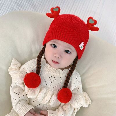 婴儿帽秋冬款女宝宝可爱超萌鹿角假发辫子护耳毛线帽婴幼儿保暖帽