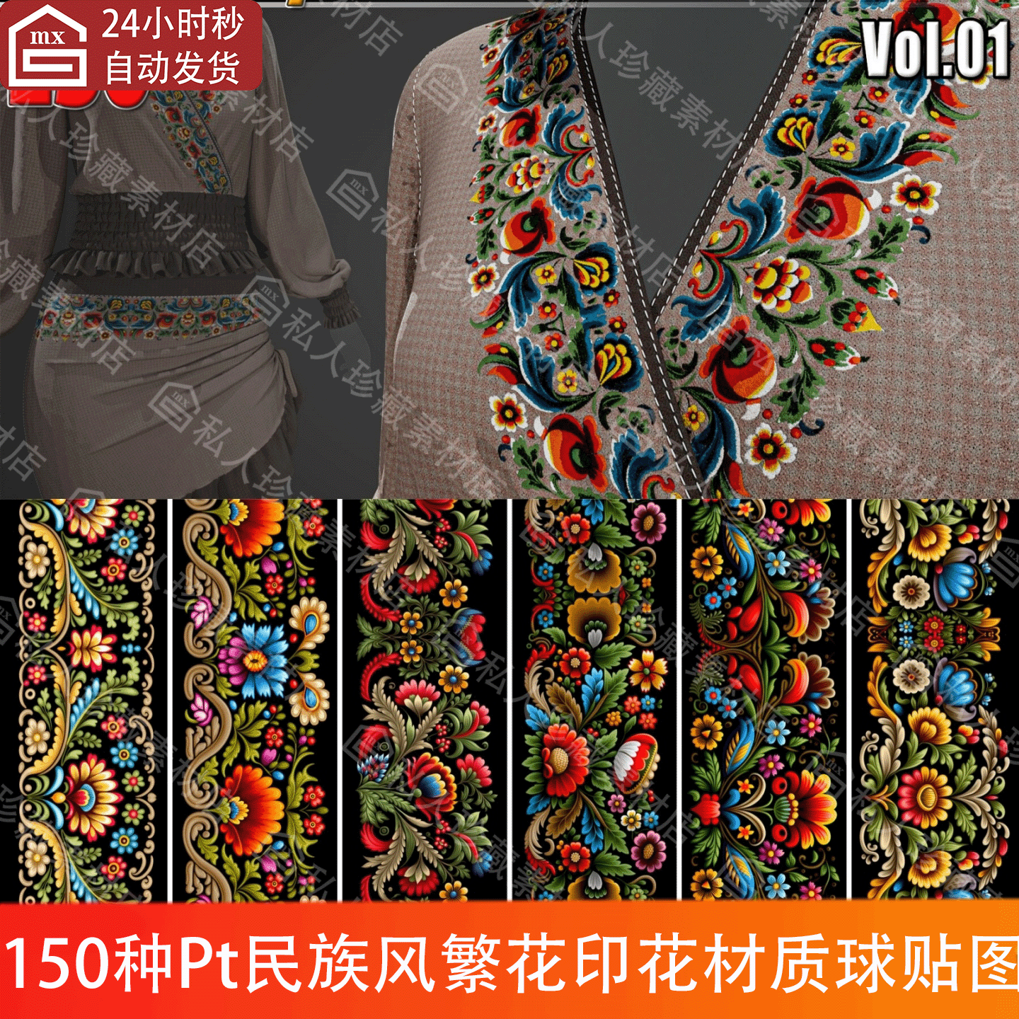 Substance Painter民族繁花刺绣布料花纹花朵绣花纹理SP材质球pt