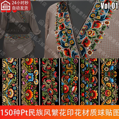 Substance  Painter民族繁花刺绣布料花纹花朵绣花纹理SP材质球pt